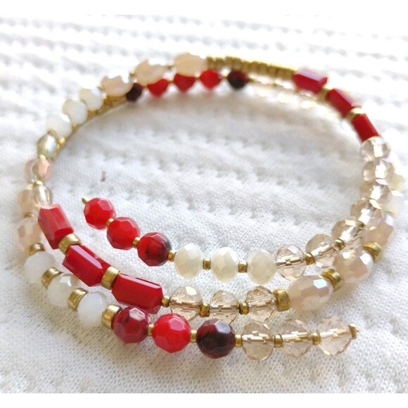 womens Boho bracelet Red/Gold Beaded Memory Wire Wrap White classic preppy - Picture 3 of 6